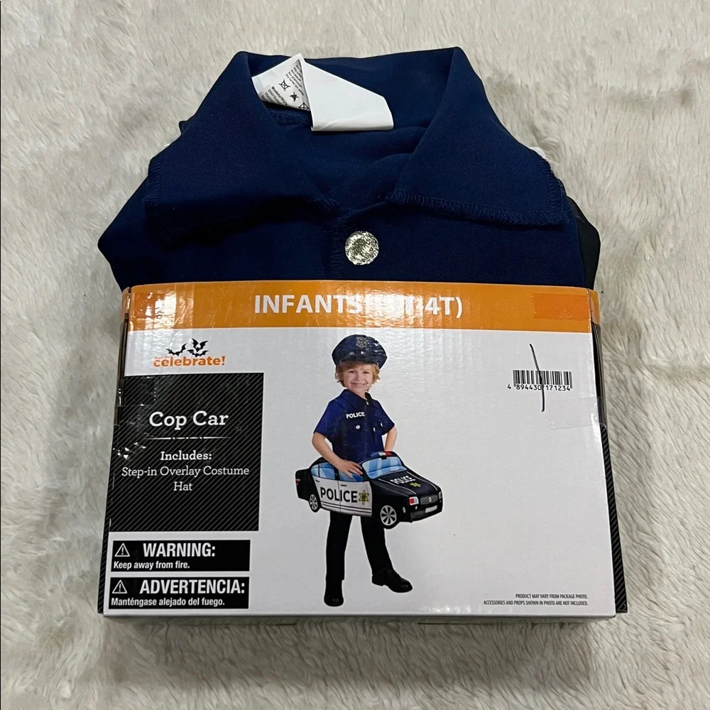 Toddler Boy Cop Car Police Man Step-In Overlay Costume & Hat 3T-4T, New